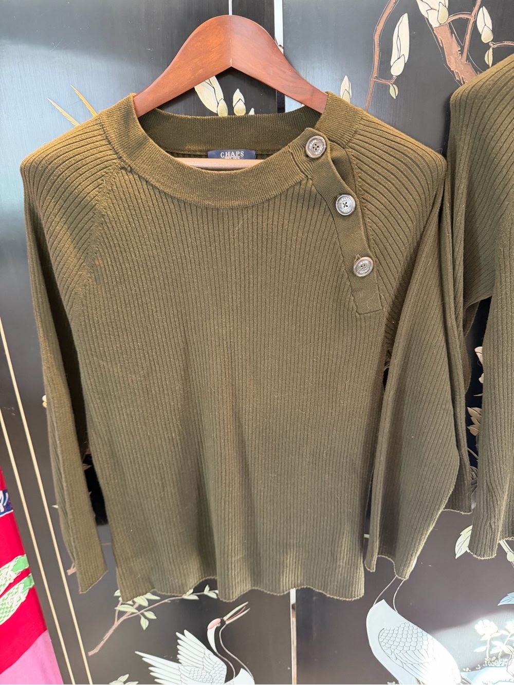 Chaps Olive Rib-Knit Crewneck Sweater with Shoulder Buttons xl